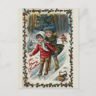 Carte postale Vintage Noël "Sliding down the Hill"