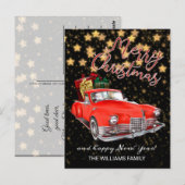 Carte Postale Vintage Old Red Car Joyeux Noël (Devant / Derrière)