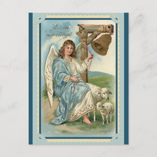 Carte Postale Vintage Pâques Salutations Angel Sheep Bell (Devant)