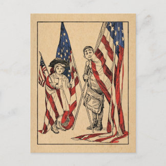 Carte Postale Vintage Patriotique Girl & Boy avec drapeau améric