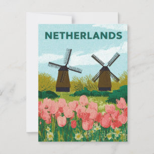 Carte Postale Vintage Pays-Bas Windmills Tulips Flower Travel