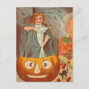 Carte Postale Vintage petite sorcière dans une Halloween Citroui