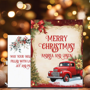 Carte Postale Vintage Red Car Gold Parties scintillant hiver