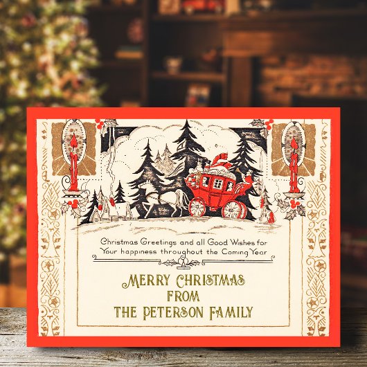 Carte Postale Vintage Red Gold Noël Salutations Carriage Neige