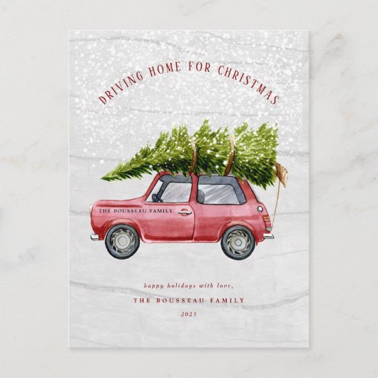 Carte postale vintage Retro Car Tree Snow Family (Devant)