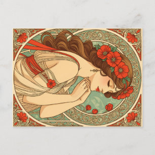 Carte Postale vintage retro romantic woman with red flowers