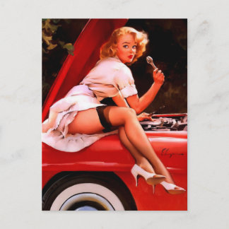 Carte Postale Vintage Retro Voiture Mécanique Pinup Girl