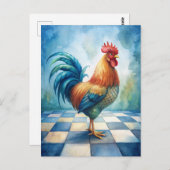 Carte Postale Vintage Rooster Blue White Checkered (Devant / Derrière)