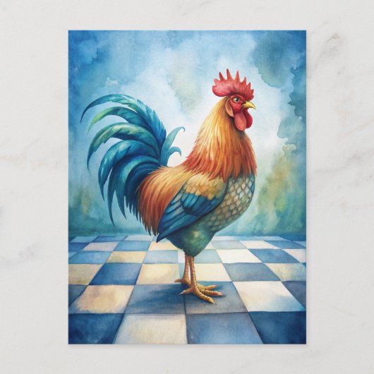 Carte Postale Vintage Rooster Blue White Checkered (Devant)