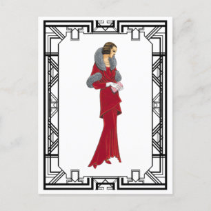 Carte Postale Vintage rouge fourrure Retro Illustration de mode