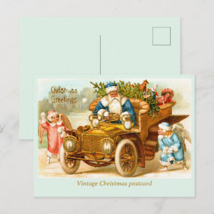 Carte Postale Vintage Santa et Anges en Bleu - Art de Voiture An