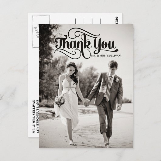 Carte postale vintage Script Mariage Merci (Devant / Derrière)