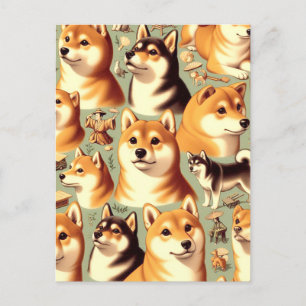 Carte Postale Vintage Shiba Inu Motif sans couture