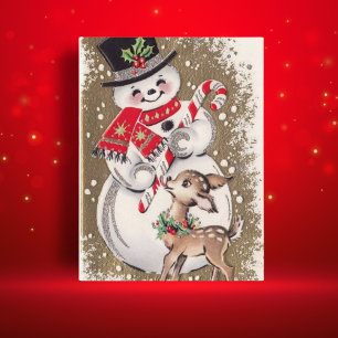 Carte Postale Vintage Snowman With Baby Deer