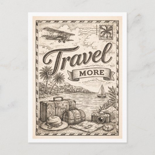Carte Postale Vintage-Style "Travel More" (Devant)