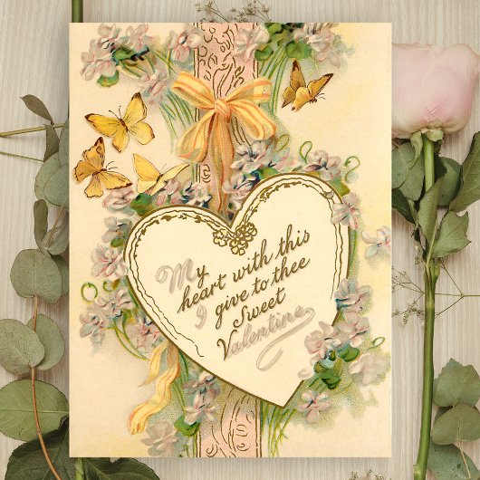Carte Postale Vintage Valentine Coeur, rubans et papillons