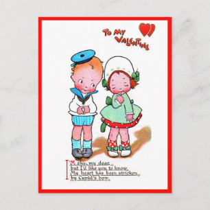 Carte Postale Vintage Valentine Cute Girl & Boy Avec Coeur