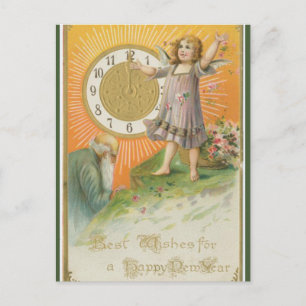Carte Postale Vintage Vieux Jeune Ange Avec Horloge Nouvel An
