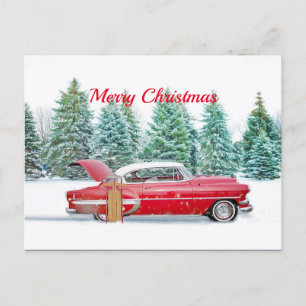 Carte Postale Vintage voiture rouge neige traîneau Noël