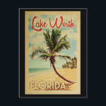 Carte Postale Vintage voyage de palmier du lac Worth<br><div class="desc">Un Lake Worth Floride moderne et rétro unique au milieu du siècle moderne imprimé d'art en style d'affiche de voyage vintage. Il dispose d'un palmier incurvé sur une plage de sable avec l'océan sous un ciel bleu nuageux.</div>