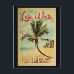 Carte Postale Vintage voyage de palmier du lac Worth<br><div class="desc">Un Lake Worth Floride moderne et rétro unique au milieu du siècle moderne imprimé d'art en style d'affiche de voyage vintage. Il dispose d'un palmier incurvé sur une plage de sable avec l'océan sous un ciel bleu nuageux.</div>