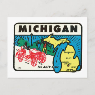 Carte Postale Vintage voyage Michigan MI Auto Étiquette d'état