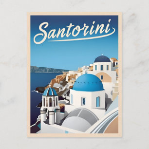 Carte Postale Vintage voyage rétro Santorini Bleu Mer
