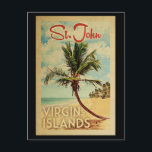 Carte Postale Vintage voyage St John Palm Tree<br><div class="desc">Un imprimé d'art moderne et rétro unique du milieu du siècle St John Virgin Islands dans un style d'affiche de voyage vintage. Il dispose d'un palmier incurvé sur une plage de sable avec l'océan sous un ciel bleu nuageux.</div>