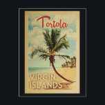 Carte Postale Vintage voyage Tortola Palm Tree<br><div class="desc">Un imprimé d'art moderne Tortola Virgin Islands d'un style rétro unique datant du milieu du siècle,  dans un style d'affiche de voyage vintage. Il dispose d'un palmier incurvé sur une plage de sable avec l'océan sous un ciel bleu nuageux.</div>