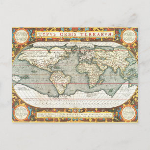 Carte Postale Vintage World Map by Abraham Ortelius 1587-1595