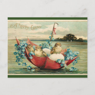 Carte Postale Vintages poussins et violets dans un parapluie Pâq