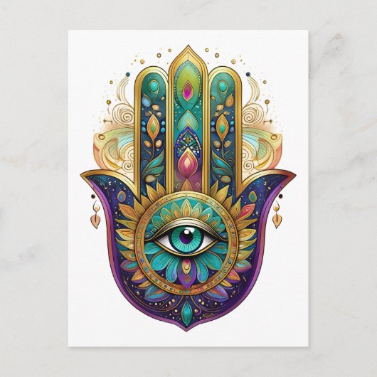 Carte Postale Violet Green Gold Petals Hamsa Turquoise Third Eye (Devant)