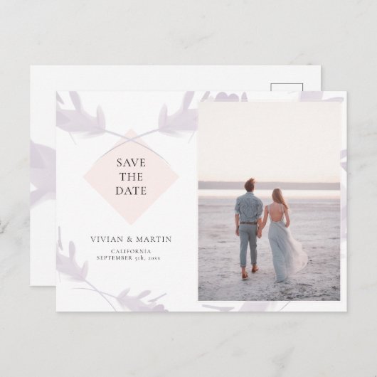 Carte Postale Violet Lavande & Peach Photo Enregistrer La Date (Devant / Derrière)