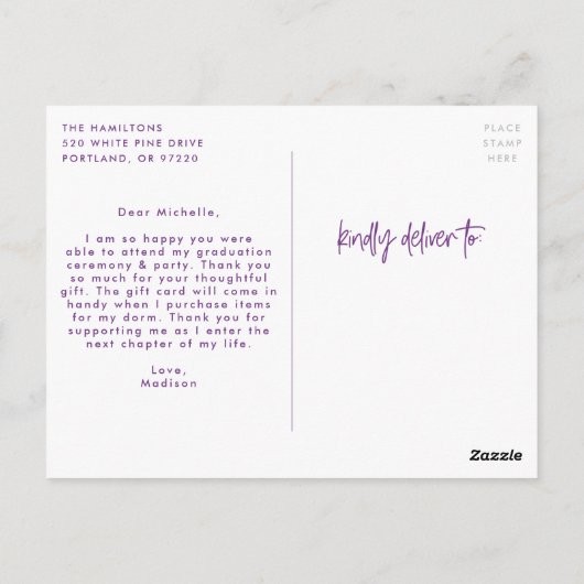 Carte Postale Violet | Preppy Script Photo Graduation Merci (Dos)