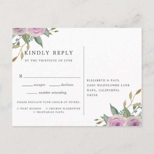 Carte postale Violet & Sage RSVP avec choix de rep (Dos)