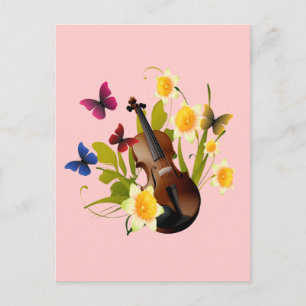 CARTE POSTALE VIOLIN, FLEURS ET BOUTEILLES