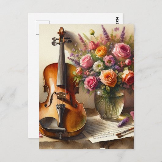 Carte Postale Violon, Partition et un Vase de Fleurs (Devant / Derrière)
