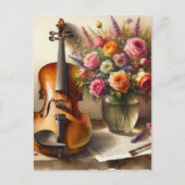 Carte Postale Violon, Partition et un Vase de Fleurs (Devant)