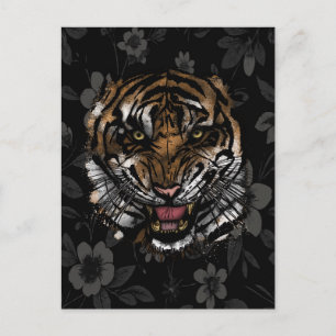 Carte Postale Visage de Tigre Féroce Fleur Blanche Esthétique Go