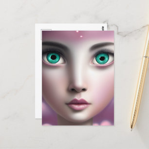 Carte Postale Visage des yeux verts dans les nuages roses
