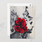 Carte Postale Visage noir et blanc avec Roses rouges Média mixte (Devant / Derrière)