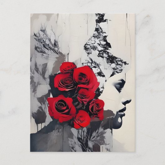 Carte Postale Visage noir et blanc avec Roses rouges Média mixte (Devant)