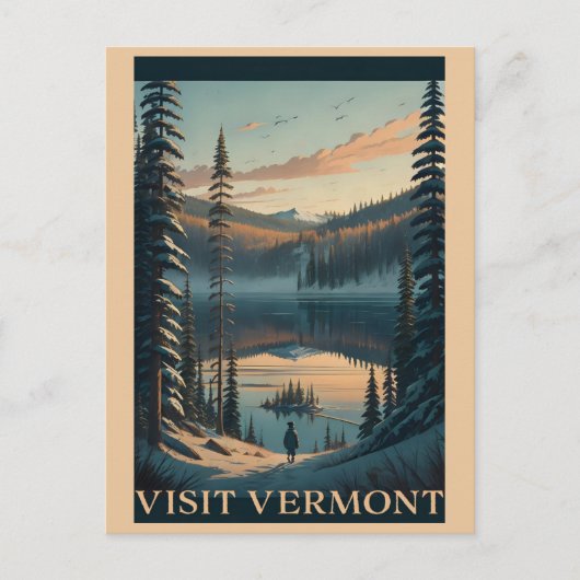 Carte Postale Visitez le Vermont hiver Illustration de neige Voy (Devant)