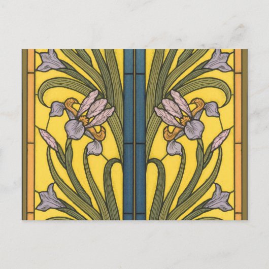 Carte Postale Vitrail Art Nouveau Fleur d'Iris Bleu Or (Devant)