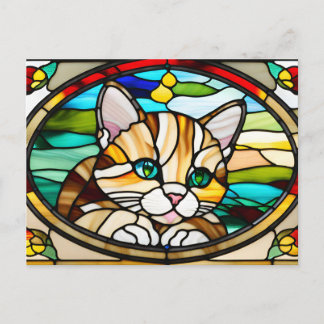 Carte Postale Vitrail Chat Mignon aux Yeux Verts