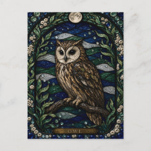Carte Postale Vitrail Illumina de la verrière nocturne de hibou