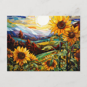Carte Postale Vitraux Tournesols Montagnes Coucher de soleil