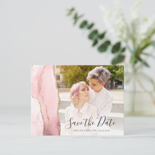 Carte Postale Vitre en or rose vif Photo Enregistrer la date (Debout devant)