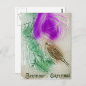 Carte Postale Voeux d'anniversaire Oiseau et Fleur (Devant / Derrière)