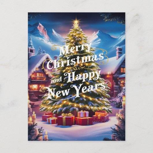 Carte Postale Vœux de fête : arbre de Noël et cadeaux (Devant)